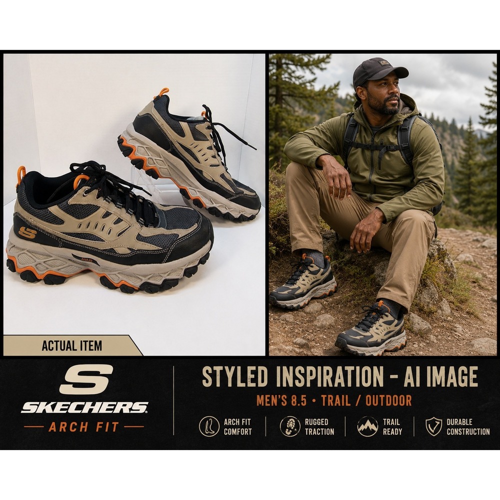 Skechers Arch Fit D'Lux Mens 8.5 Taupe Black Excellent Extra Wide Trail Sneakers